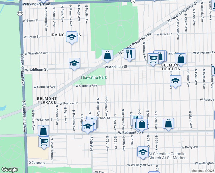 map of restaurants, bars, coffee shops, grocery stores, and more near 3461 North Orange Avenue in Chicago