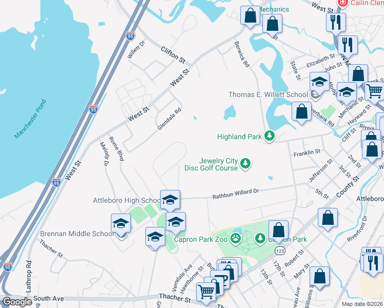 map of restaurants, bars, coffee shops, grocery stores, and more near 150 Fairway Drive in Attleboro