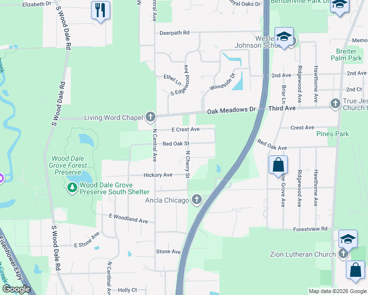 map of restaurants, bars, coffee shops, grocery stores, and more near 851 North Cherry Street in Addison