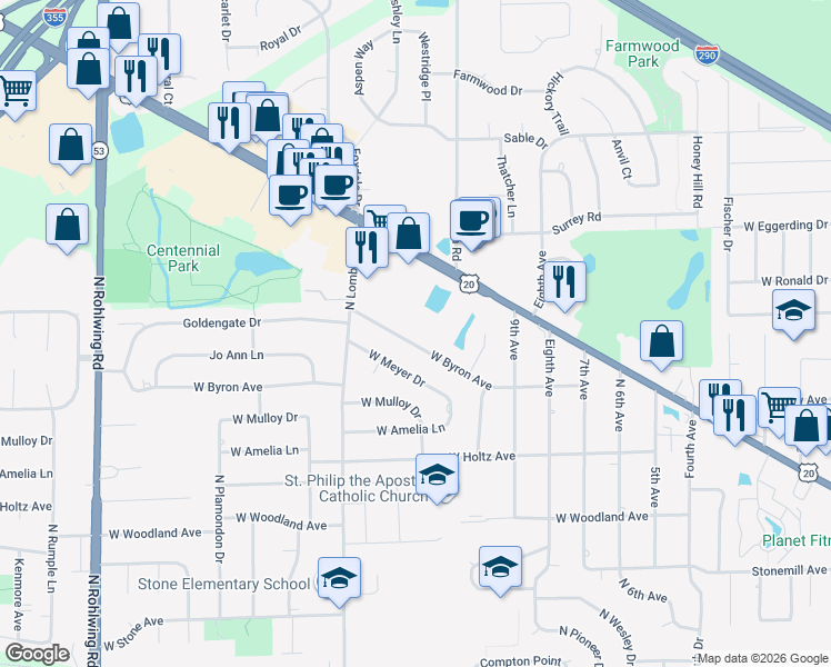 map of restaurants, bars, coffee shops, grocery stores, and more near 1312 West Byron Avenue in Addison