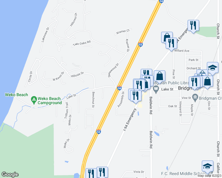 map of restaurants, bars, coffee shops, grocery stores, and more near 4738 Lake Street in Bridgman