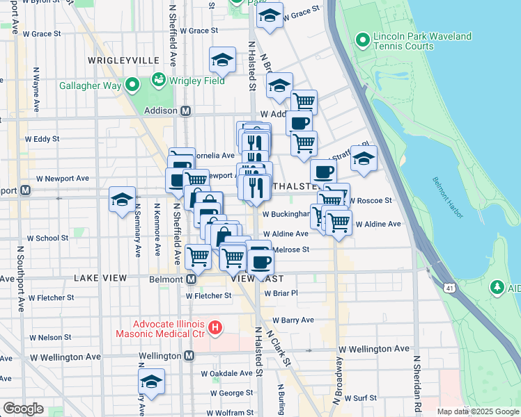 map of restaurants, bars, coffee shops, grocery stores, and more near 3337 North Halsted Street in Chicago