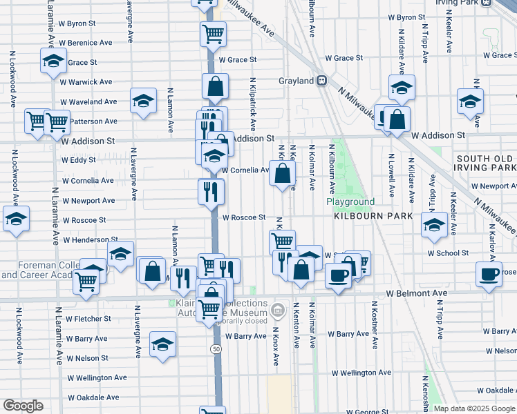 map of restaurants, bars, coffee shops, grocery stores, and more near 3414 North Kilpatrick Avenue in Chicago