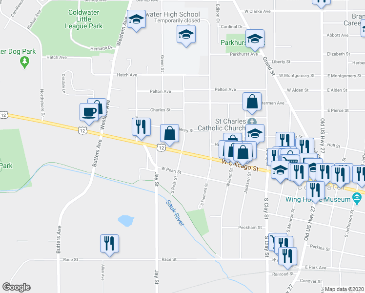 map of restaurants, bars, coffee shops, grocery stores, and more near 18 North Polk Street in Coldwater