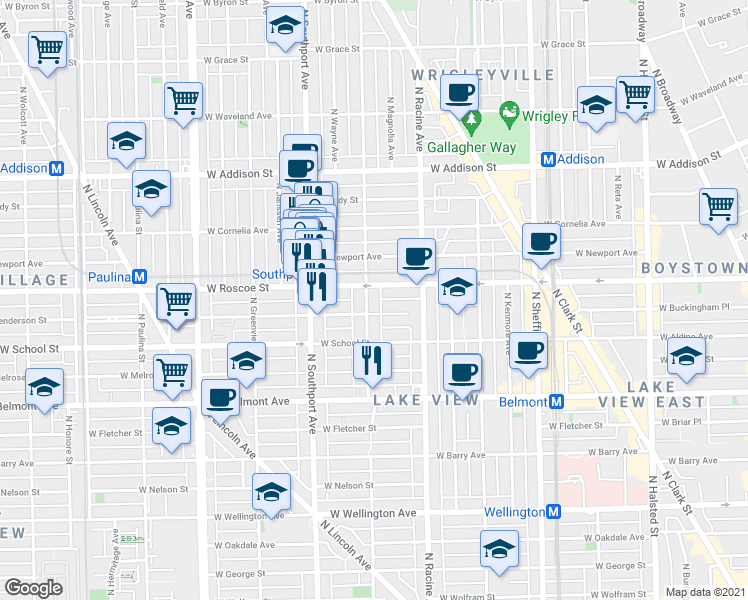 map of restaurants, bars, coffee shops, grocery stores, and more near 3347 North Lakewood Avenue in Chicago