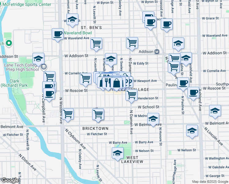 map of restaurants, bars, coffee shops, grocery stores, and more near 2057 West Roscoe Street in Chicago