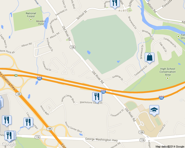 map of restaurants, bars, coffee shops, grocery stores, and more near 182 Old River Road in Lincoln