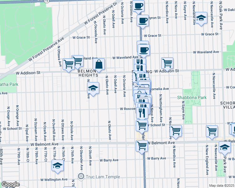 map of restaurants, bars, coffee shops, grocery stores, and more near 3451 North Odell Avenue in Chicago