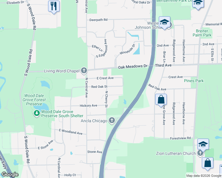 map of restaurants, bars, coffee shops, grocery stores, and more near 851 North Cherry Street in Addison