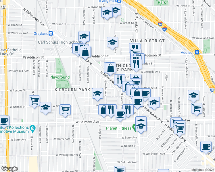 map of restaurants, bars, coffee shops, grocery stores, and more near 3409 North Keeler Avenue in Chicago