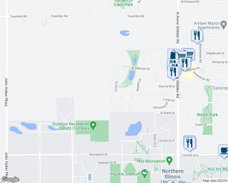 map of restaurants, bars, coffee shops, grocery stores, and more near 833 Fotis Drive in DeKalb