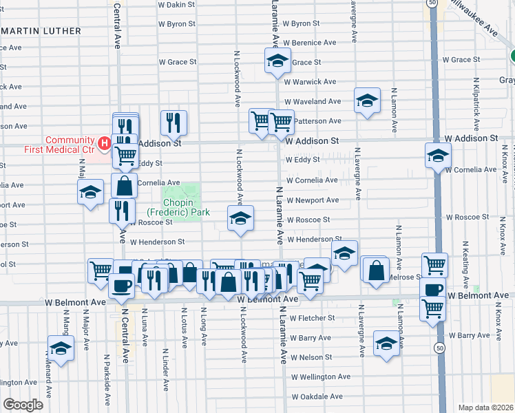 map of restaurants, bars, coffee shops, grocery stores, and more near 5235 West Newport Avenue in Chicago