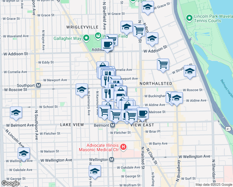 map of restaurants, bars, coffee shops, grocery stores, and more near 3345 North Clark Street in Chicago