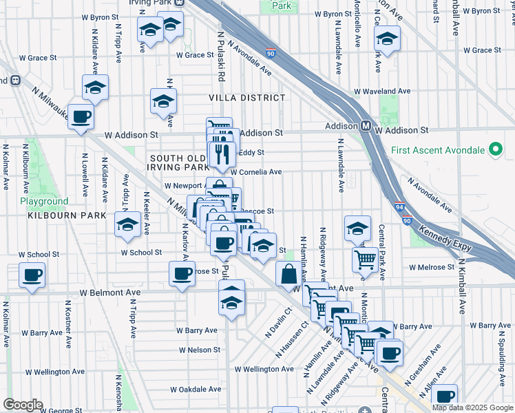 map of restaurants, bars, coffee shops, grocery stores, and more near 3403 North Springfield Avenue in Chicago