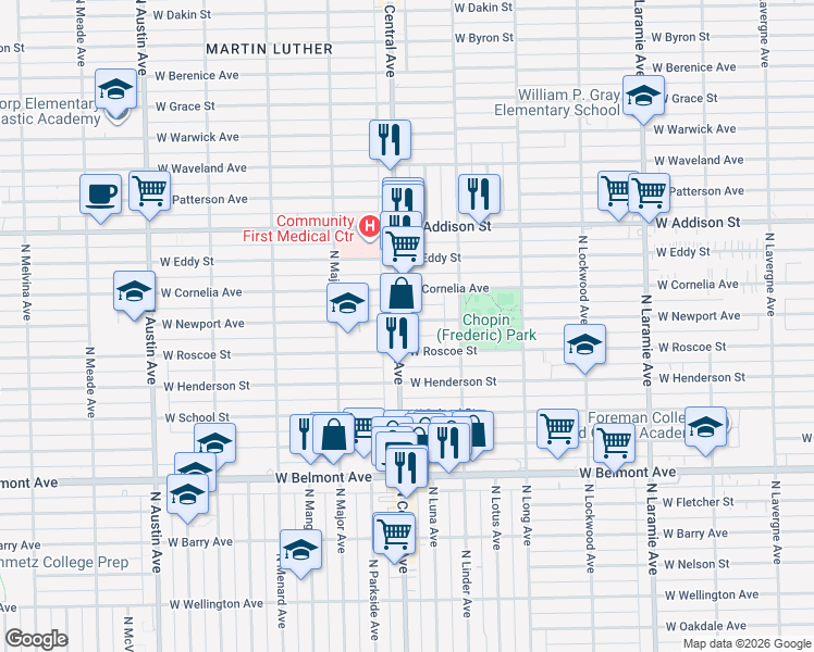 map of restaurants, bars, coffee shops, grocery stores, and more near 3423 North Central Avenue in Chicago