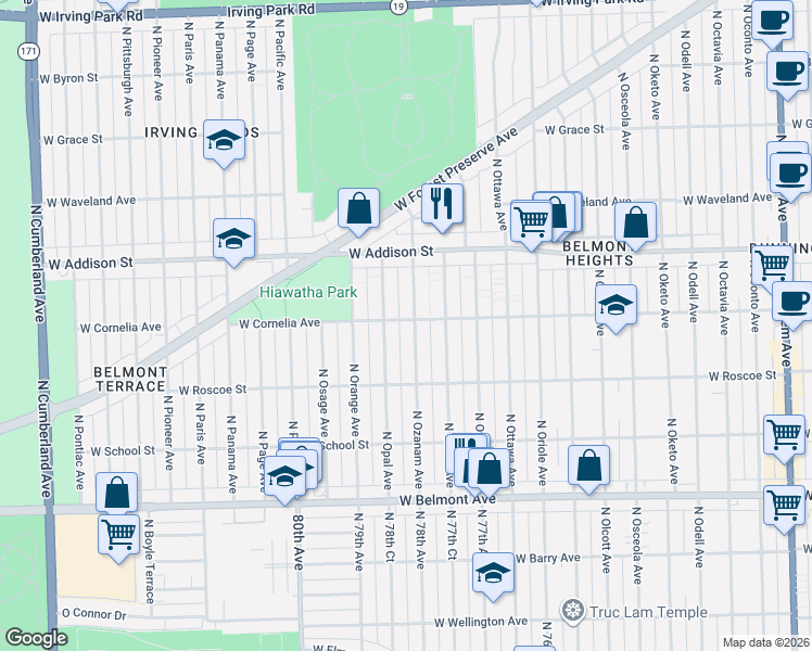 map of restaurants, bars, coffee shops, grocery stores, and more near 3460 North Ozanam Avenue in Chicago