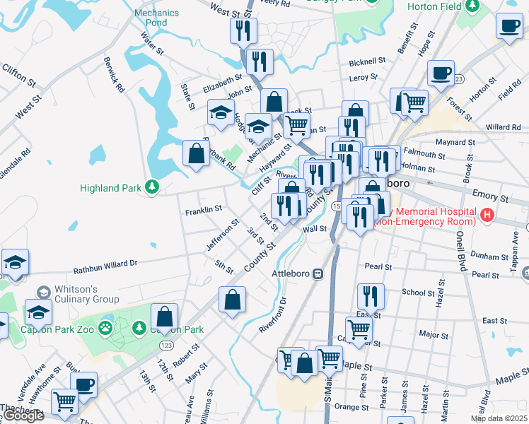 map of restaurants, bars, coffee shops, grocery stores, and more near 24 2nd Street in Attleboro