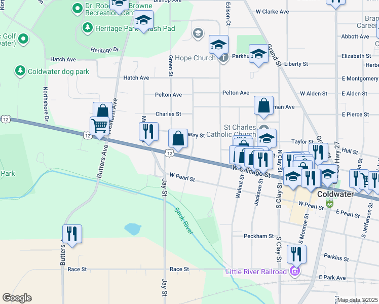 map of restaurants, bars, coffee shops, grocery stores, and more near 18 North Polk Street in Coldwater