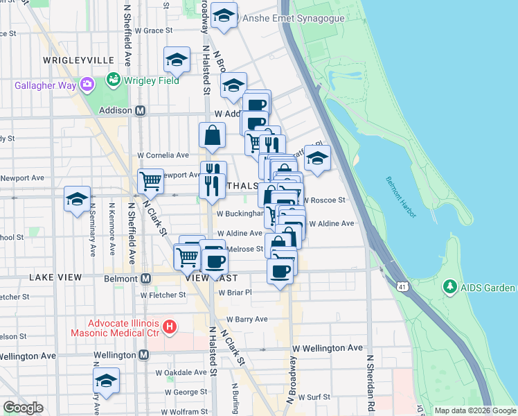 map of restaurants, bars, coffee shops, grocery stores, and more near 650 West Buckingham Place in Chicago