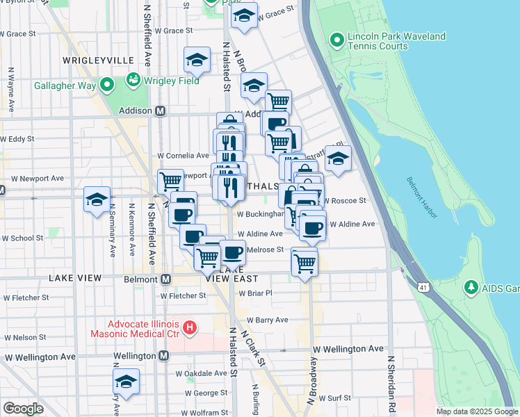 map of restaurants, bars, coffee shops, grocery stores, and more near 726 West Buckingham Place in Chicago