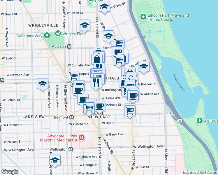 map of restaurants, bars, coffee shops, grocery stores, and more near 726 West Buckingham Place in Chicago