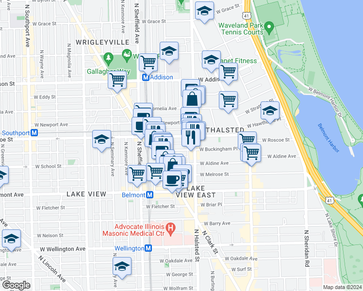 map of restaurants, bars, coffee shops, grocery stores, and more near 840 West Buckingham Place in Chicago