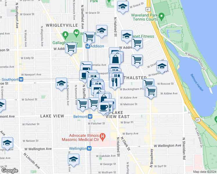 map of restaurants, bars, coffee shops, grocery stores, and more near 840 West Buckingham Place in Chicago