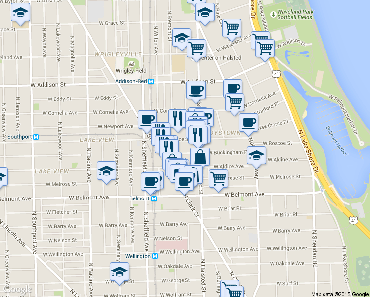 map of restaurants, bars, coffee shops, grocery stores, and more near 840 West Buckingham Place in Chicago