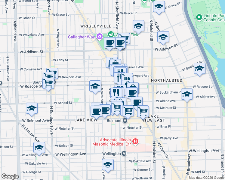 map of restaurants, bars, coffee shops, grocery stores, and more near 3344 North Kenmore Avenue in Chicago