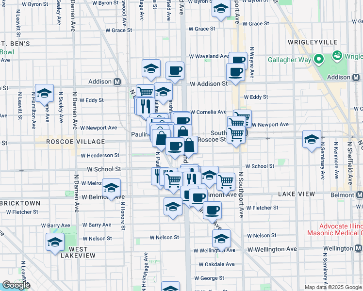map of restaurants, bars, coffee shops, grocery stores, and more near 3348 North Ashland Avenue in Chicago