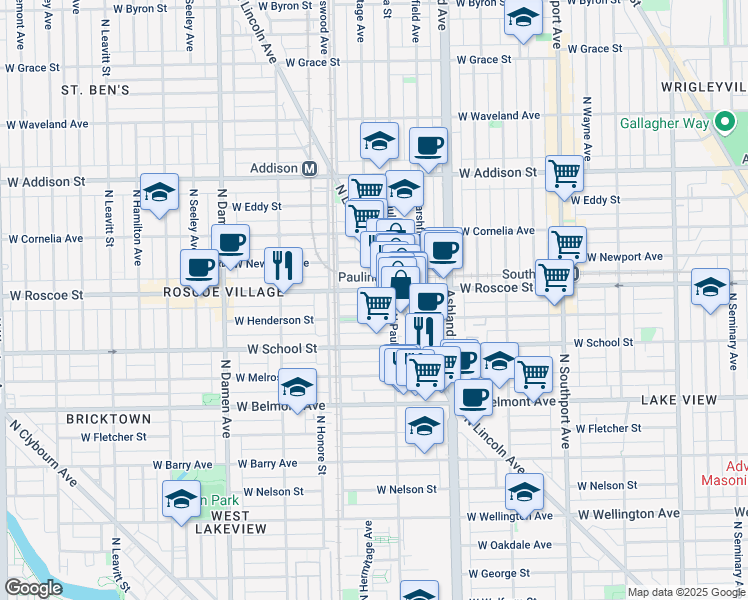 map of restaurants, bars, coffee shops, grocery stores, and more near 1721 West Roscoe Street in Chicago