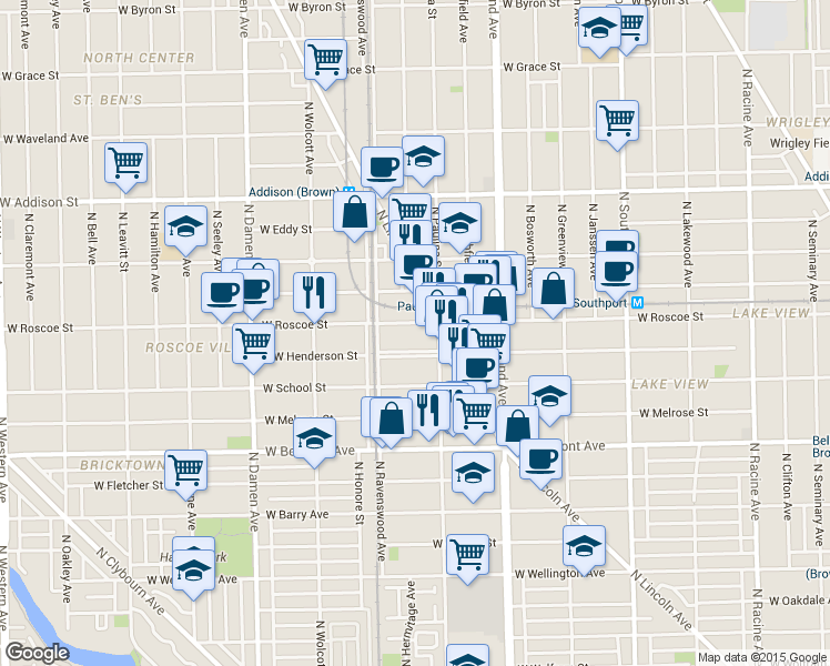 map of restaurants, bars, coffee shops, grocery stores, and more near 1721 West Roscoe Street in Chicago