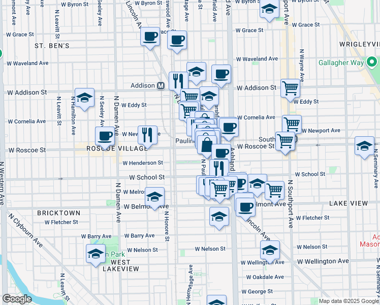 map of restaurants, bars, coffee shops, grocery stores, and more near 1721 West Roscoe Street in Chicago