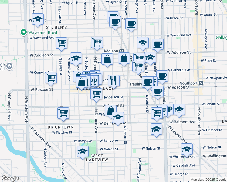 map of restaurants, bars, coffee shops, grocery stores, and more near 1911 West Roscoe Street in Chicago