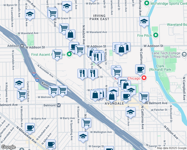 map of restaurants, bars, coffee shops, grocery stores, and more near 3407 North Troy Street in Chicago