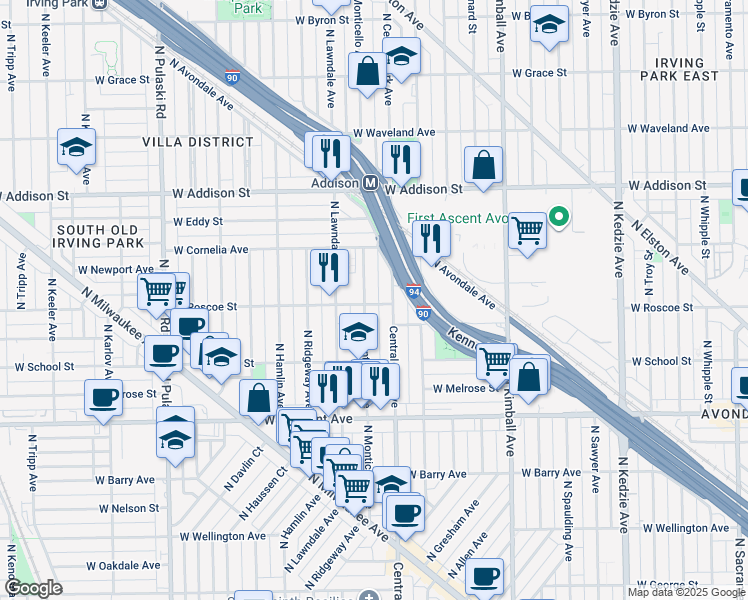 map of restaurants, bars, coffee shops, grocery stores, and more near 3405 North Monticello Avenue in Chicago