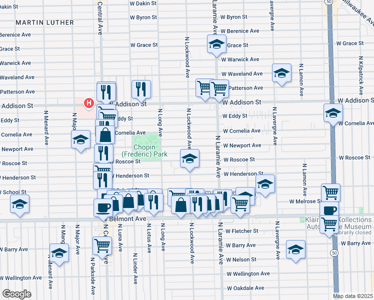 map of restaurants, bars, coffee shops, grocery stores, and more near 5255 West Newport Avenue in Chicago