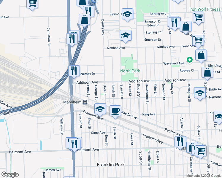 map of restaurants, bars, coffee shops, grocery stores, and more near 3529 Sarah Street in Franklin Park