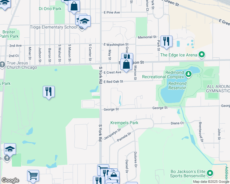 map of restaurants, bars, coffee shops, grocery stores, and more near 110 George Street in Bensenville