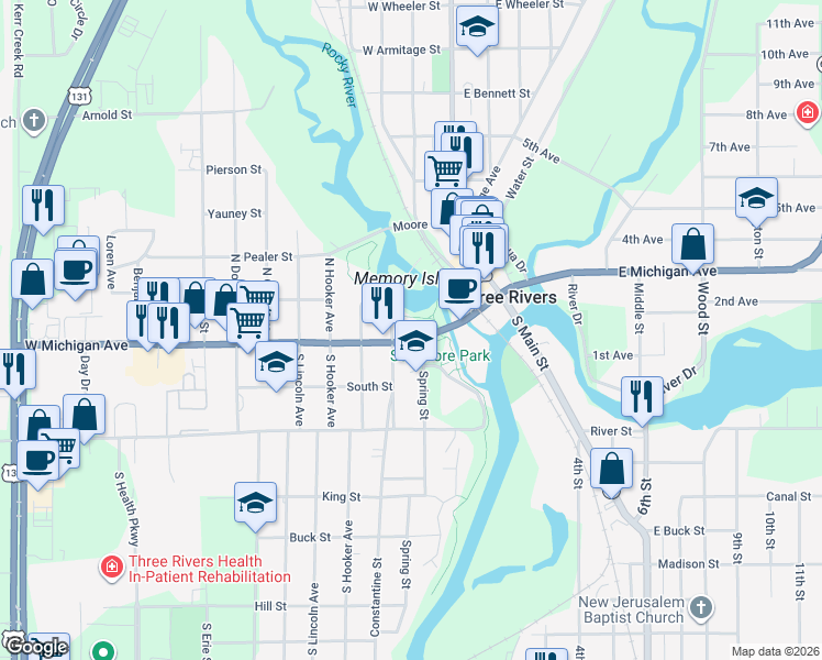 map of restaurants, bars, coffee shops, grocery stores, and more near 333 West Michigan Avenue in Three Rivers