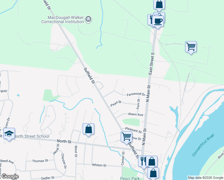 map of restaurants, bars, coffee shops, grocery stores, and more near 3 Mabel Street in Windsor Locks