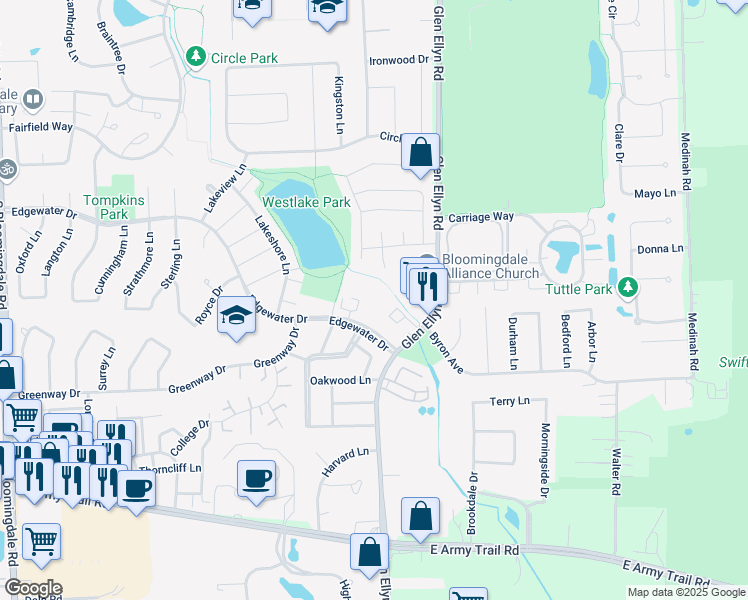 map of restaurants, bars, coffee shops, grocery stores, and more near 318 Edgewater Drive in Bloomingdale