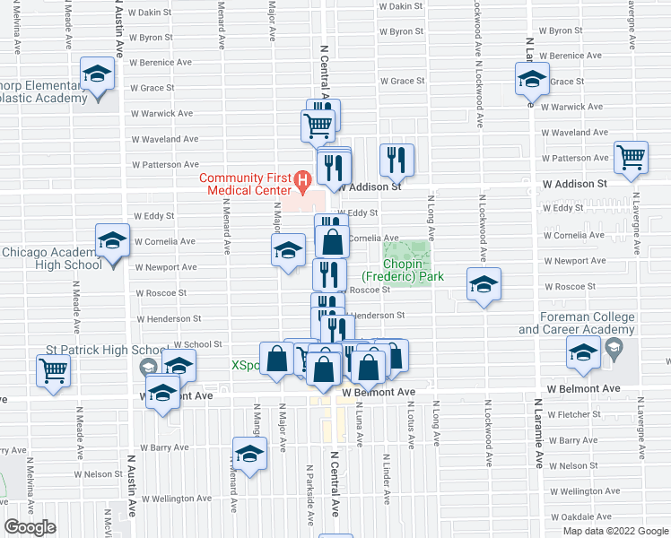 map of restaurants, bars, coffee shops, grocery stores, and more near 3423 North Central Avenue in Chicago