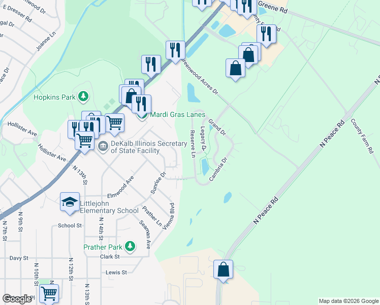 map of restaurants, bars, coffee shops, grocery stores, and more near 1457 Reserve Lane in DeKalb
