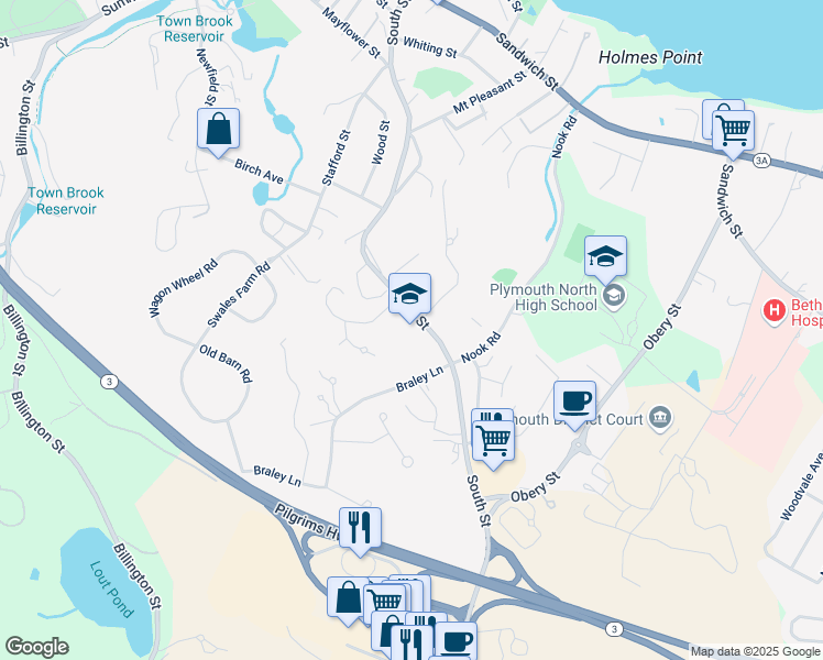 map of restaurants, bars, coffee shops, grocery stores, and more near 123 South Street in Plymouth