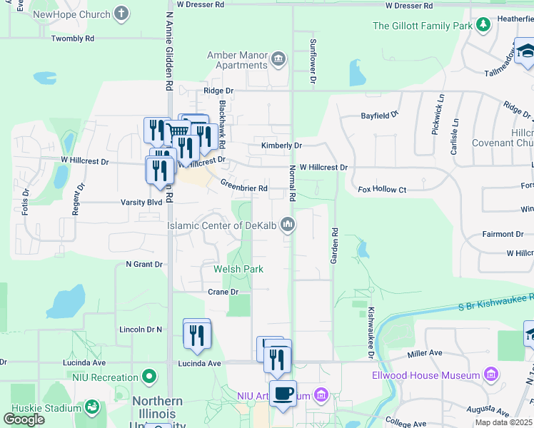 map of restaurants, bars, coffee shops, grocery stores, and more near 809 Charles Street in DeKalb