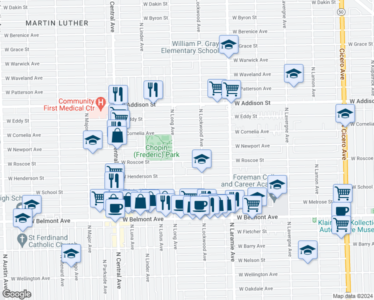 map of restaurants, bars, coffee shops, grocery stores, and more near 5331 West Newport Avenue in Chicago