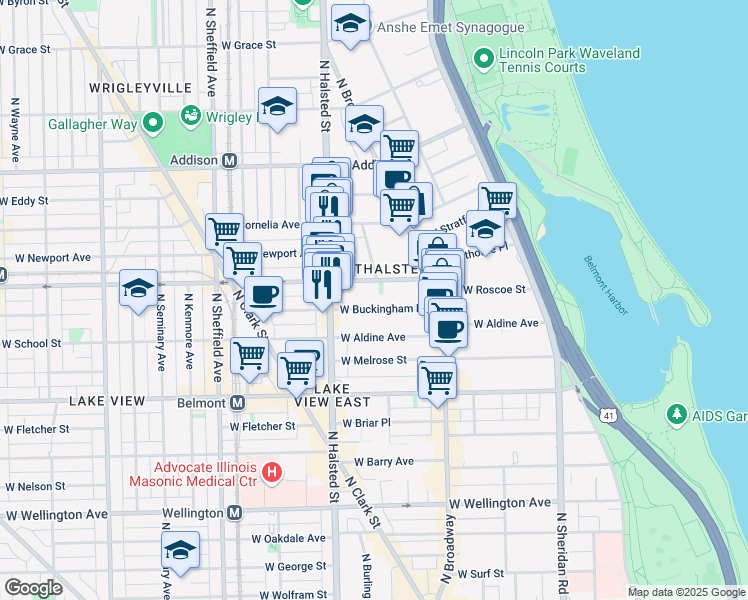 map of restaurants, bars, coffee shops, grocery stores, and more near 710 West Buckingham Place in Chicago