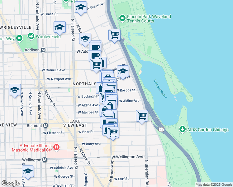 map of restaurants, bars, coffee shops, grocery stores, and more near 541 West Roscoe Street in Chicago