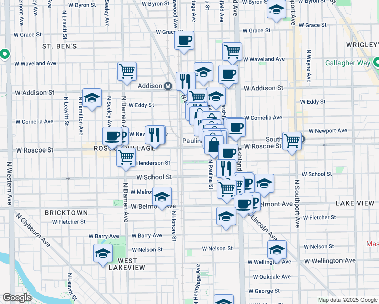 map of restaurants, bars, coffee shops, grocery stores, and more near 1757 West Roscoe Street in Chicago